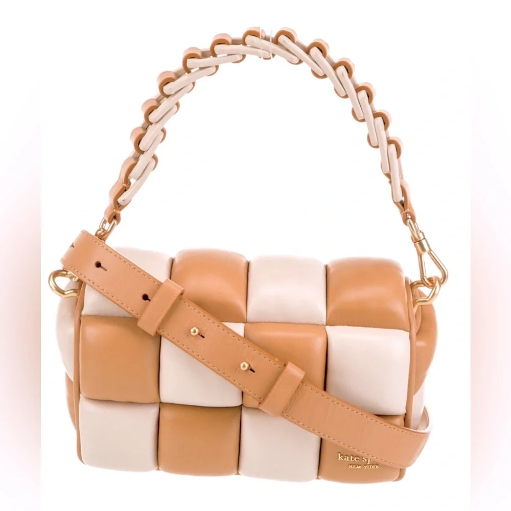 Limited Edition Kate Spade Boxxy East West Woven leather Tan Cream Bag excellent - Picture 1 of 6